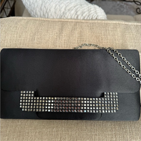 Black Satin with Mirrored Design Clutch Purse with Shoulder Chain Strap - Picture 2 of 5